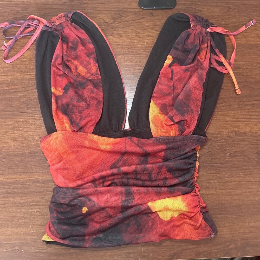 Windsor Halter Top Small Red Orange Abstract Ruched Tie Shoulder - Picture 6 of 8